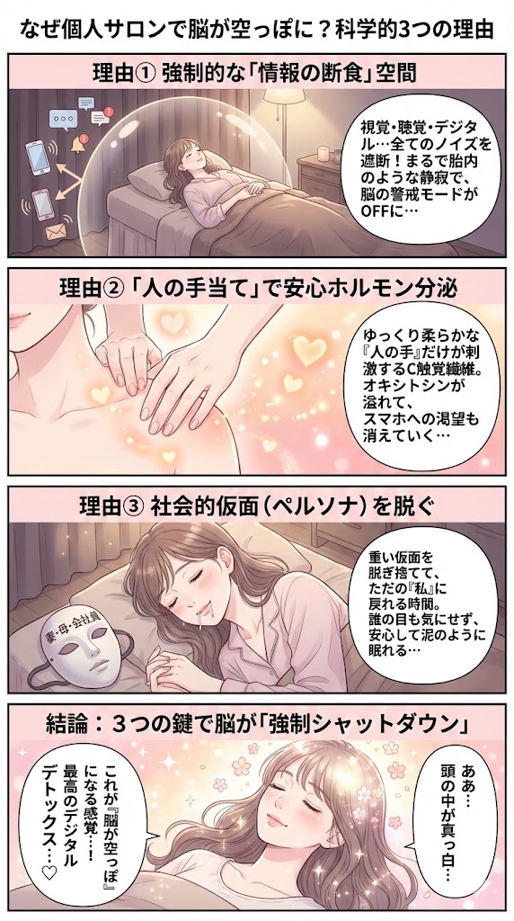 「個人サロン」だけが脳を空っぽにできる科学的3つの理由のオリジナルイメージ漫画