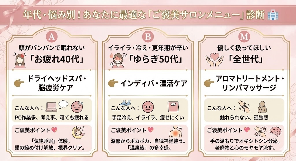 年代・悩み別！「ご褒美サロンメニュー」診断図解