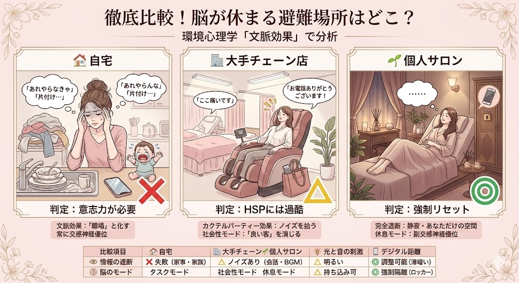 自宅 vs 大手チェーン vs 個人サロンの比較イメージ図解