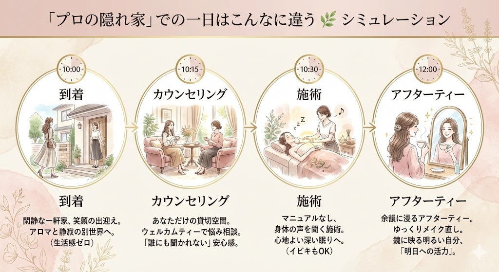 「プロの隠れ家」での一日のイメージ図解