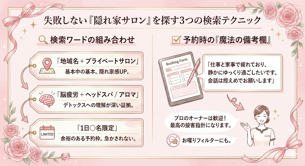 失敗しない「隠れ家サロン」を探す3つの検索テクニックのイメージ図解
