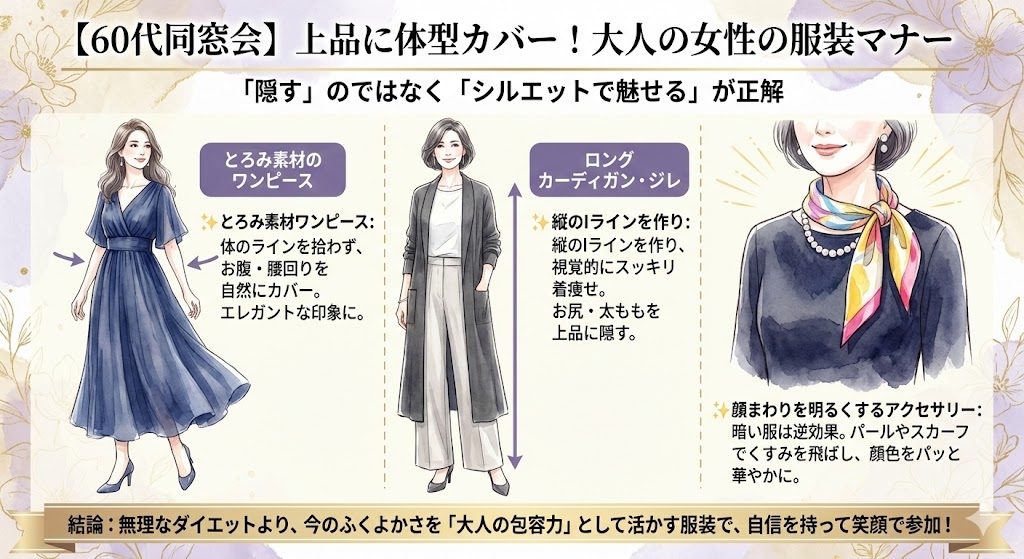15年ぶりの再会。60歳の同窓会、体型カバーできる女性の服装マナーのイメージ図解