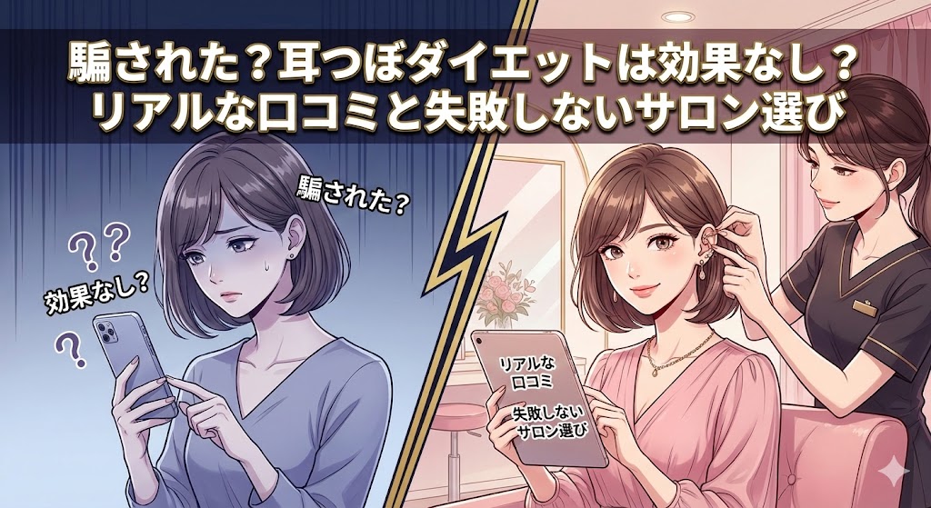 騙された？耳つぼダイエットは効果なし？リアルな口コミと失敗しないサロン選びのイメージイラスト
