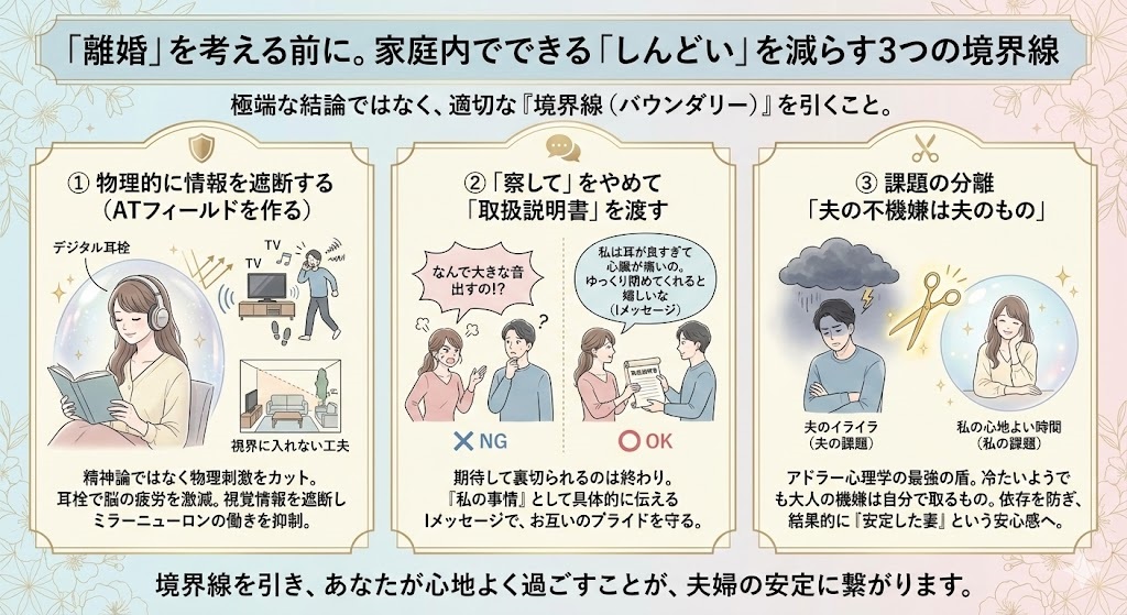 「離婚」を考える前に。家庭内でできる「しんどい」を減らす3つの境界線のイメージ図解