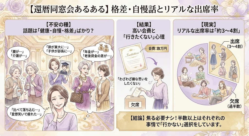 還暦同窓会あるあるのイメージ図解