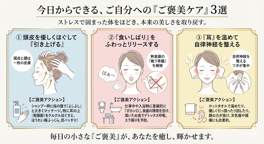 自分への「ご褒美ケア」を3つのイメージイラスト