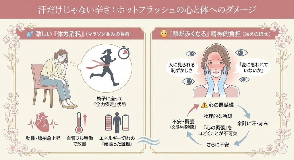 「顔が赤くなる」「体力消耗」…汗だけじゃない辛さのイメージ図