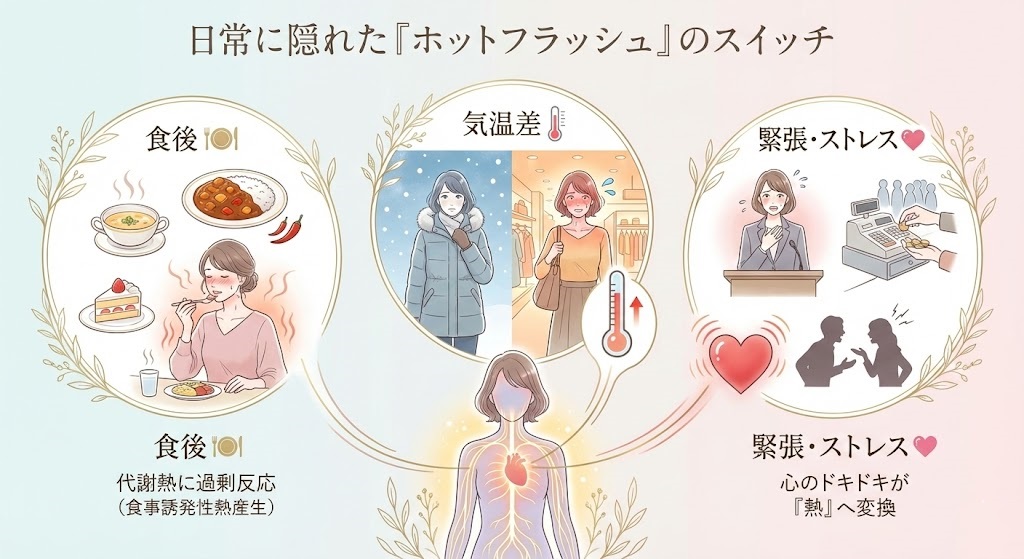 ホットフラッシュはその他、どんな時に起こりやすいかのイメージ図