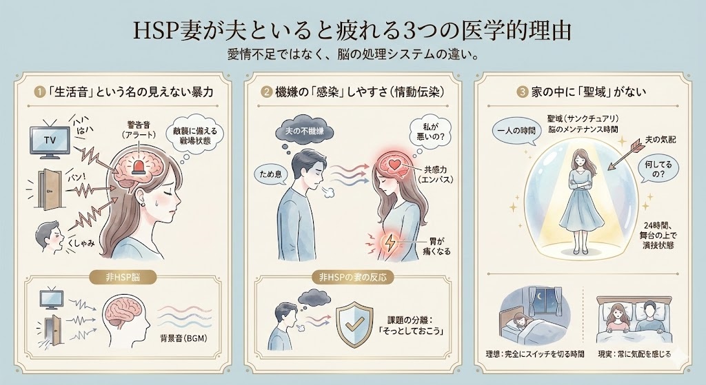 なぜ「HSPの私は夫といると疲れる」のか？のイメージ図解