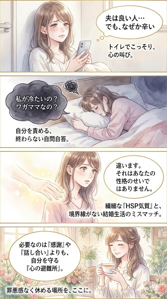 HSPで夫といると疲れるのはなぜ？一緒にいるのがしんどい原因と夫源病を防ぐ心の休息法の4コマ漫画