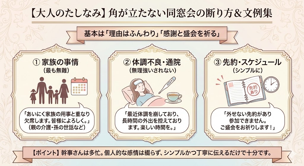 どうしても同窓会に行きたくない時の言い訳は？角が立たない大人の断り方のイラスト