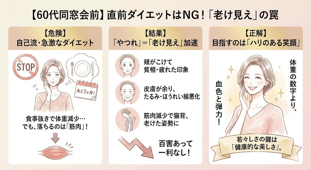 直前の自己流ダイエットはNG！60代が急激に痩せると「老け見え」する理由の図解