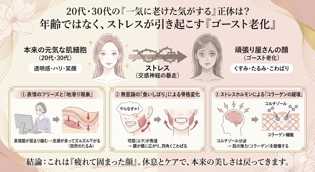 ストレスが引き起こす「頑張り屋さんの顔（ゴースト老化）」の図解