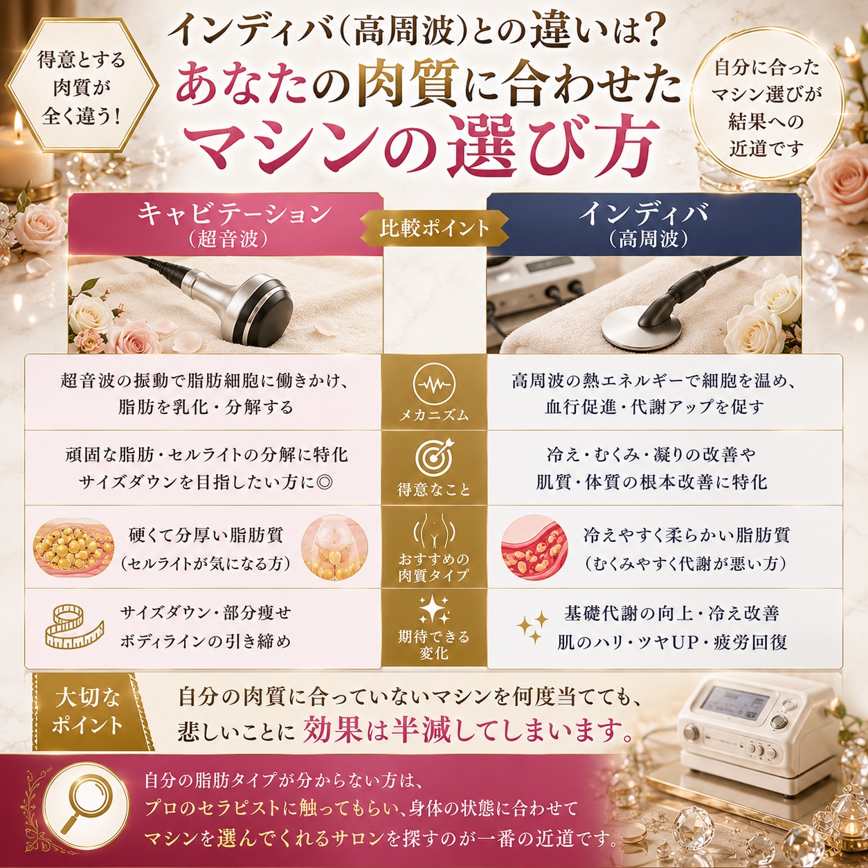 インディバ（高周波）との違いは？あなたの肉質に合わせたマシンの選び方