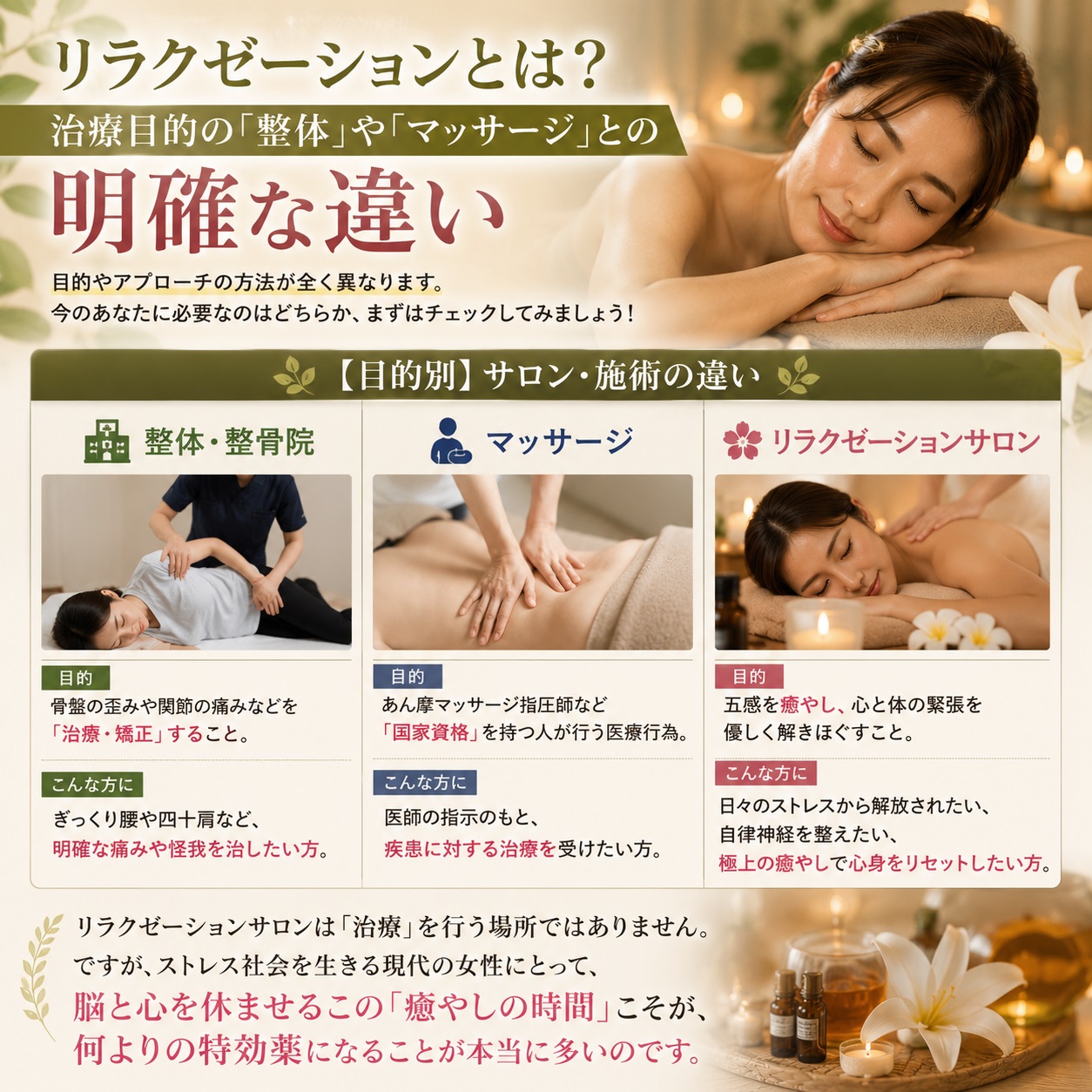 リラクゼーションとは?治療目的の「整体」や「マッサージ」との明確な違いの図解