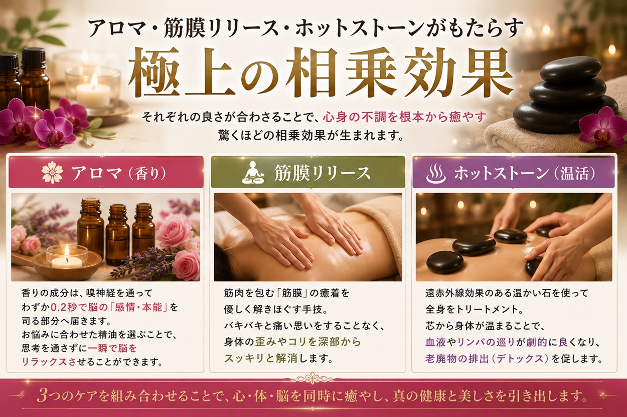 アロマ・筋膜リリース・ホットストーンがもたらす極上の相乗効果