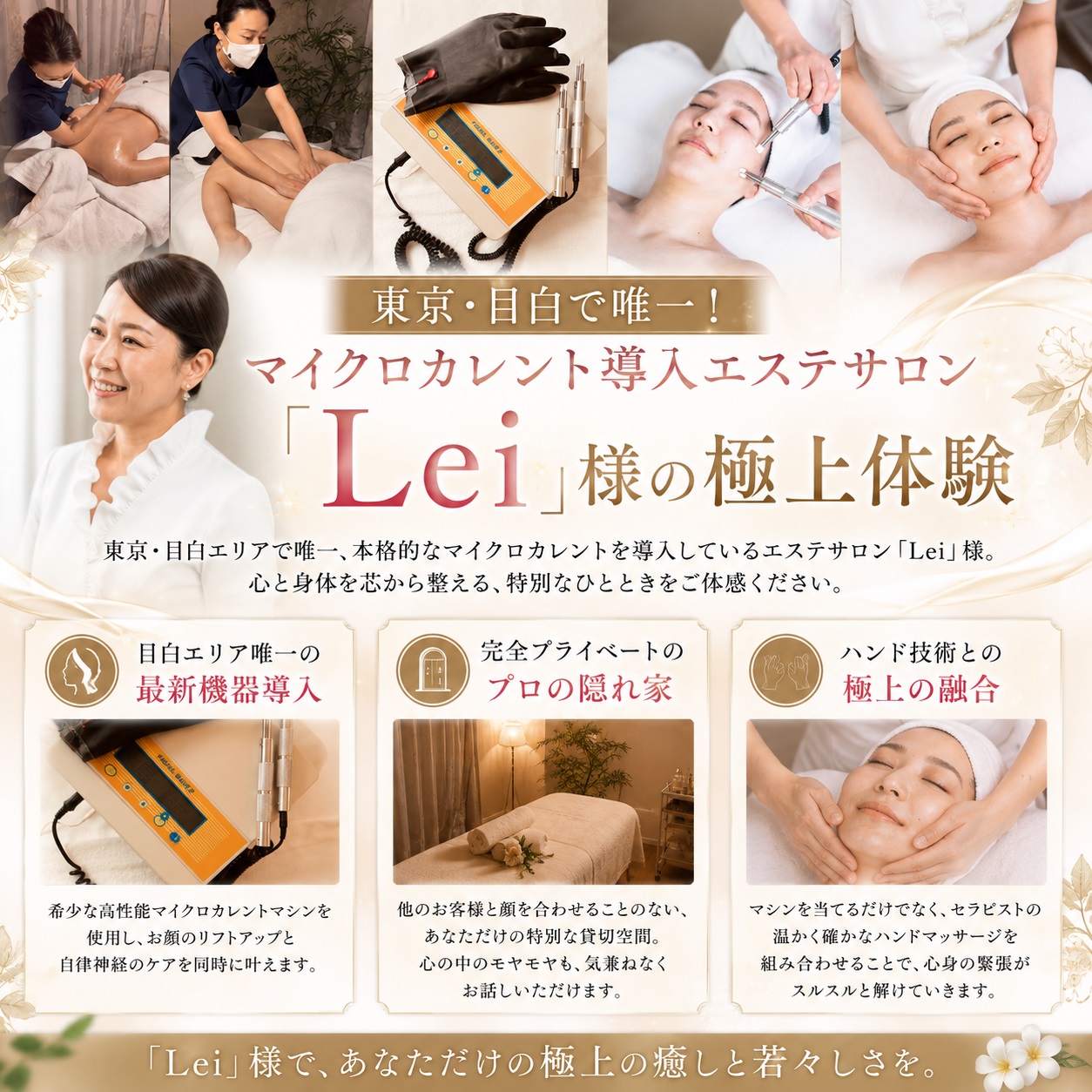東京・目白エリアで唯一マイクロカレントを導入しているエステサロン「Lei」の極上体験を紹介する図解
